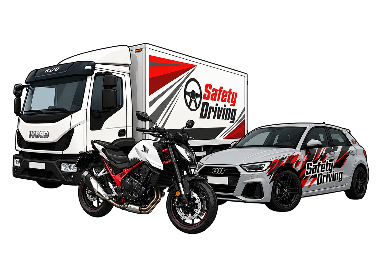 Camion Iveco, moto Honda et Audi A1 aux couleurs Safety Driving
