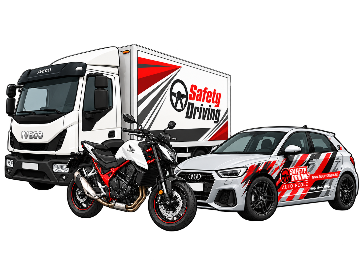 Camion Iveco, moto Honda et Audi A1 aux couleurs Safety Driving — auto-école à Liège (Guillemins), Jupille et Thimister-Clermont